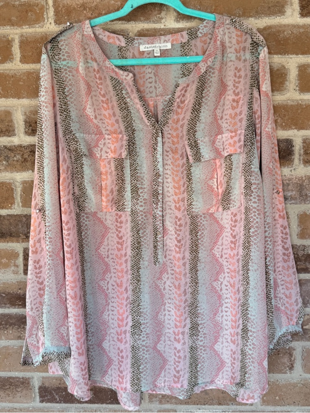 Daniel Rainn Pink Cream & Taupe Printed Split-Neck Tunic